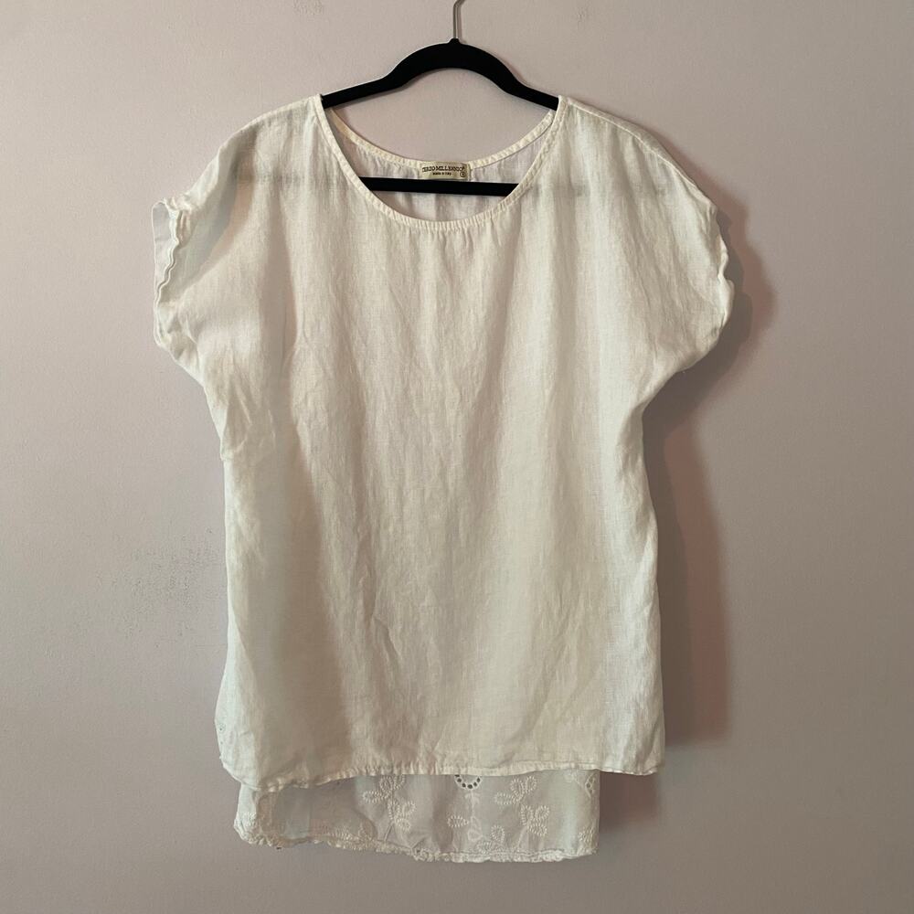 Terzo Millennio White Linen Eyelet Blouse Minimalist Lagenlook Women size Small